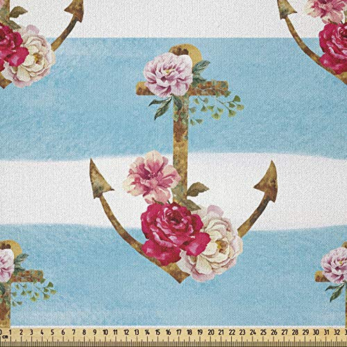 ABAKUHAUS Shabby Chic Stoff als Meterware, Anker und Rosen, Microfaser Stoff für Dekoratives Basteln, 1M (230x100cm), Mehrfarbig