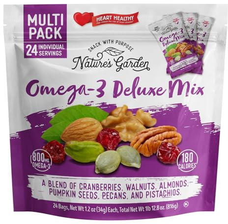 Nature's Garden Omega 3 Deluxe Mix - Trail Mix Nuts, Heart Healthy, Gluten Free, Cholesterol Free, Sodium Free, No Artificial Ingredients - 1.2 oz Bags (24 Individual Servings)