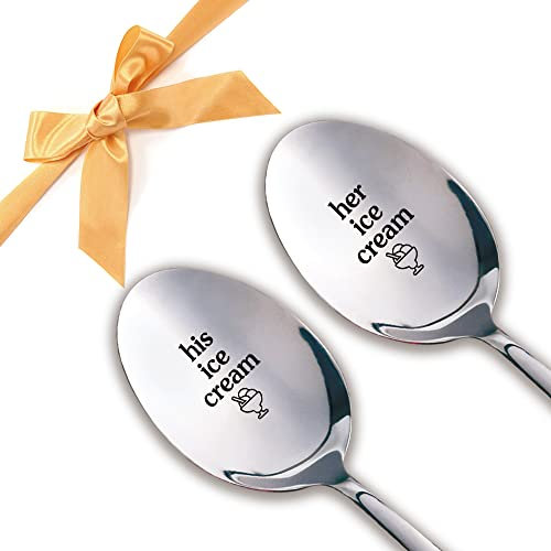 His and Her Ice Cream Spoon,2 Pcs Engraved Stainless Spoon Couple Gifts，Husband wife gift for/Wedding/Anniversary/Valentines day，Love gift for boyfriend/Girlfriend