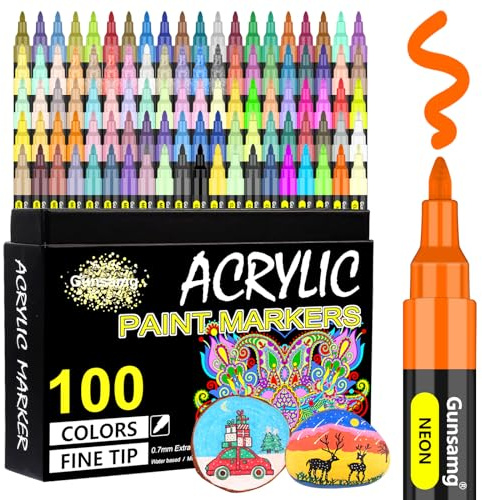 Gunsamg 100 Colors Acrylic Paint Pens for Rock Painting, Acrylic Paint Markers for Glass Wood Stone Ceramic Fabric Metal Canvas Card Making