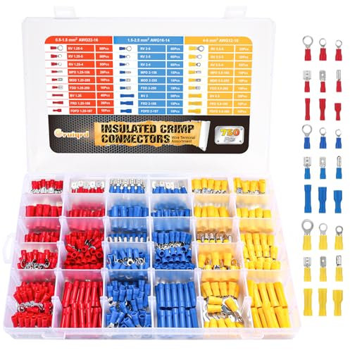 750Pcs Electrical Connectors Insulated Crimp Terminal Wiring Crimping Ring Spade Electric Wire Cable Connector Male Female Terminals Butt Splice 12V Car Crimps Kit Box for Automotive Motorcycle