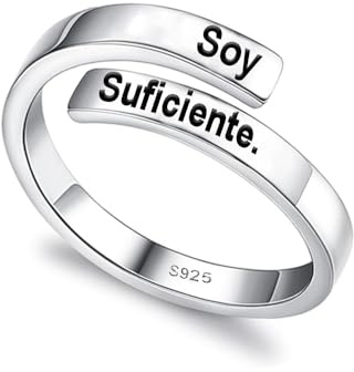 Bramart Anillo mujer plata de ley 925 ajustable – Regalo para hija hermana amiga o mujer emocional con mensaje positivo, ideal para cumpleaños Navidad, incluye caja elegante (Plata, Soy suficiente)