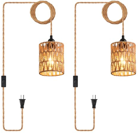 CAFULAM Plug in Pendant Light, Industrial Hanging Light with Plug in Cord Hemp Rope On/Off Switch Farmhouse Pendant Lamp with Plug in Cord, Vintage Hanging Lamps for Dining Room