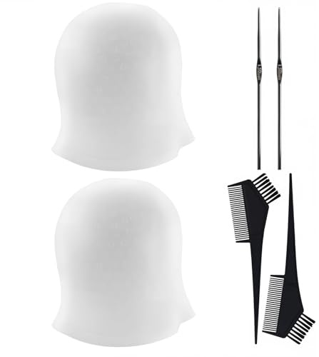 2 Pièce Capuchon De Teinture Capillaire avec 2 crochets en métal et aiguille en silicone,Réutilisable Bonnet en Silicone,20 x31 cm Blanc Bonnet à Mèches en Silicone