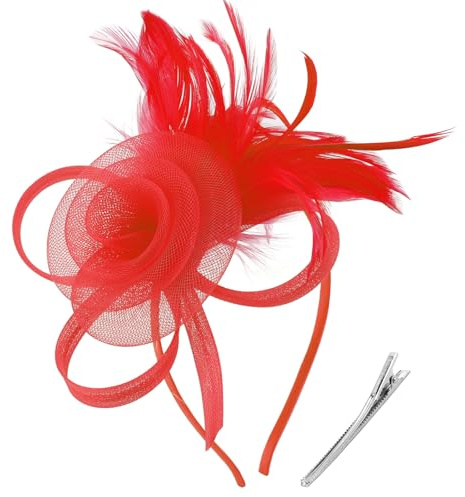 AQOKKA Women Fascinators Hats Flower Fascinators with Headband and Clip Tea Party Headwear for Women and Girls Red