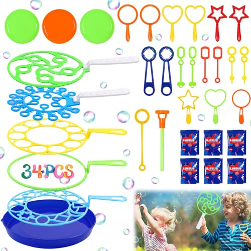 Kit de Pompas de Jabon, 34 Piezas Varita de Burbujas Juego de Pompas Gigantes de Jabón para Niños, Pomperos de Jabón, Juegos al Aire Libre para Niños, Playa, Picnic, Fiestas, Cumpleaños