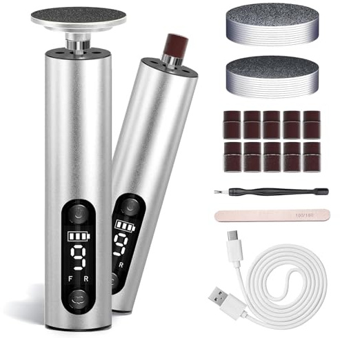Jianyana Lima Electrica Pies Durezas 2 En 1, 9 Velocidades Ajustables Con Pantalla Digital Pedicura Profesional Para Pie Limador De Durezas Electrico, 2 Cabezales De Pulido Reemplazables, Plata-A