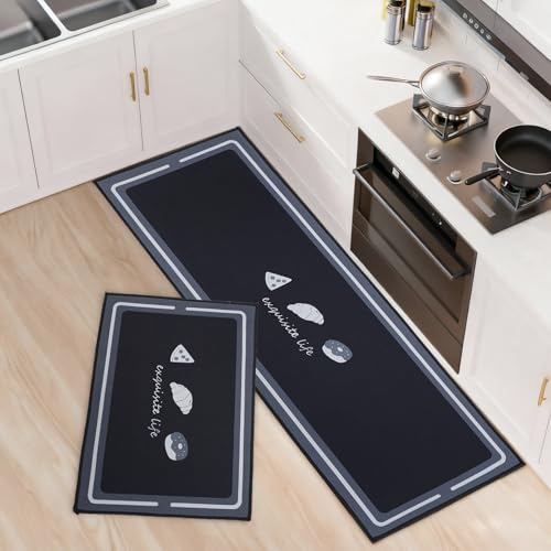 OPLERT Juego de 2 alfombras y tapetes para Cocina, Antideslizantes, Lavables, absorbentes, para Cocina, lavandería y pasillos,Negro,40x60+40x120cm