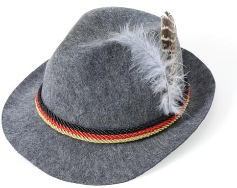 Traditional Oktoberfest Brown Hat – German Alpine Bavarian Costume Fedora with Feather – Adult Fancy Dress Accessory for Men & Women – One Size – Ideal for Beer Festivals & Theme Parties (Grey)