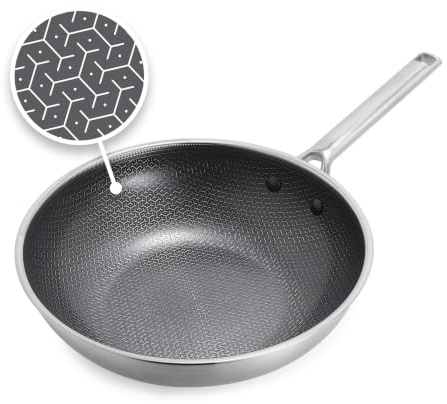 GreenPan Hybrid-Wok aus Edelstahl mit Antihaftbeschichtung, 28 cm, APEX Tri-Ply Thermobond PFAS-freie Keramikpfanne, Induktionsgeeignet, Ofenfest bis 220 °C, Spülmaschinenfest, Silber