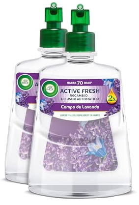 Air Wick Active Fresh Spray Automatico Sin Aerosol - 2 Recambios de ambientador para casa con Aroma a Campos de Lavanda, 2 veces más aceites esenciales