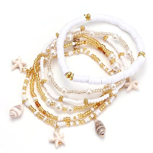 Morfetto 6 Stück Fußkettchen für Damen Kugeln Fußkettchen Elastisch Boho Fussketten für Frauen Wasserfest Muscheln Accessoires Ästhetik Barfußschuhe Strand Sommer Schmuck Set Geschenke