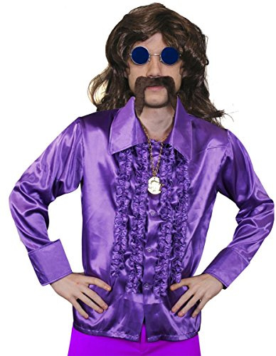 Mens 70s Disco Fancy Dress Costume - Mens Long Brown Wig, Purple Disco Shirt, Gold Medallion, Blue Coloured Glasses + Brown Moustache - Funky Fancy Dress Costume - Purple Shirt (Xx-large)