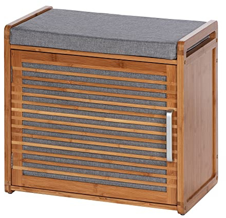 WENKO Schuhschrank Mod. Bahari mit bequemer gepolsterter Sitzfläche in Grau und 2 Ablagen für bis zu 4 Paar Schuhe aus robustem Bambus Maße 50 x 45 x 33 cm