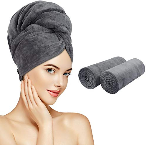 Sunland 2 Stück Mikrofaser Handtuch Haare für Damen 100 x 50 cm Grau | Haartücher super saugfähig schnell trocknend Haartrockentuch Anti Frizz Haarturban weiche Kopfhandtuch mit Gummiband