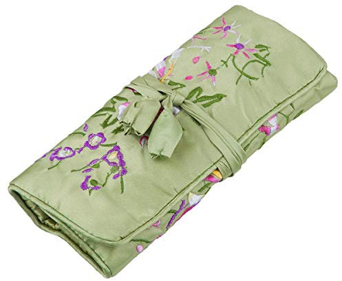 KYEYGWO Pochette Rouleau à Bijoux pour Voyage, Broderie Chinoise Organisateur de Bijoux pour Rangement de Bracelet Collier Bague, Vert Clair