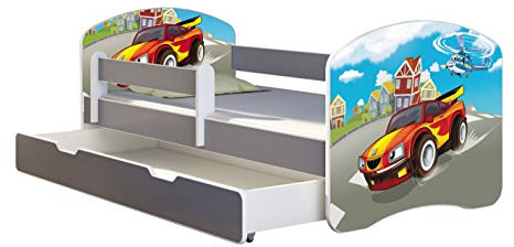 ACMA Kinderbett Jugendbett mit Einer Schublade und Matratze Grau mit Rausfallschutz Lattenrost II Spielbett Kinderzimmer Möbel (03 Racing Car, 180x80 + Bettkasten)