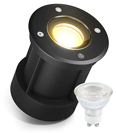 lambado® LED Bodenstrahler für Außen in Schwarz - Wasserdicht & Befahrbar inkl. 5W GU10 Strahler warmweiss dimmbar - Runde Bodenleuchte/Bodeneinbaustrahler IP67 für Terrasse & Garten