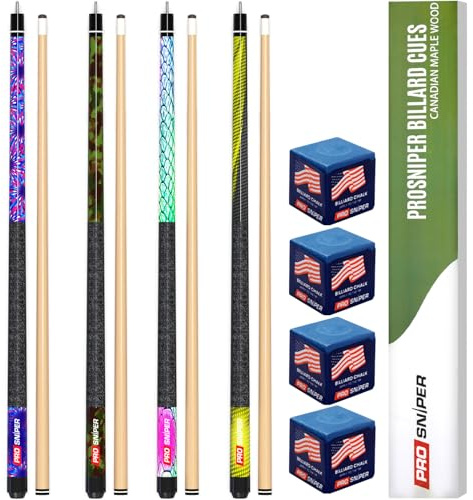 Prosniper Premium Pool Sticks Set of 4 | 58-Inch, 19-Oz Canadian Maple Pool Cue with Low-Deflection Shaft & 4 Extra Chalks | Pro-Grade Billiard Cue for Home & Bar Play