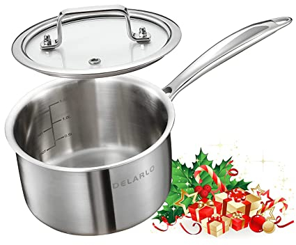 DELARLO Stainless Steel Saucepan with Lid 2.0 Litre 16cm, Induction Cooking Sauce Pot Sauce Pans, 18/8 Tri-Ply Stainless Steel Heavy Bottom Saucier Pot Cookware