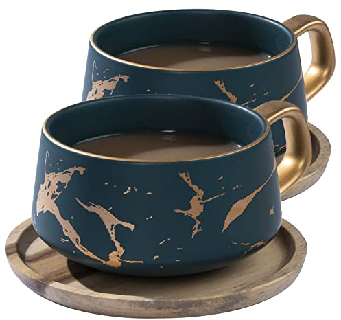 VETIN Set 2 Tazze da cappuccino con piattino, tazza in marmo, tazzine da caffè in porcellana da 300 ml per tè caffè cappuccino, tazze da caffè con disco in legno (Verde*2)