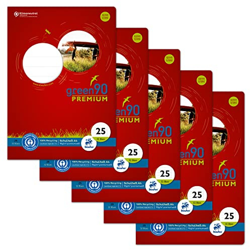 Staufen Green Heft - DIN A4, Lineatur 25 (liniert mit Rand), 32 Blatt, premiumweißes 90g/m² Recyclingpapier, runde Ecken verhindern „Eselsohren“, 4 verschiedene Motive (keine Auswahl möglich), 5 Stück
