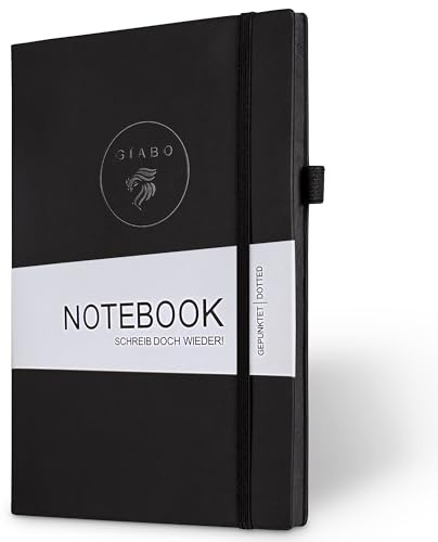 Gíabo Notizbuch A5 gepunktet Schwarz – Bullet Journal mit 192 Seiten – Leder Optik Softcover – Tagebuch für Schule, Arbeit & Geschenk