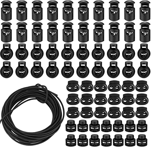80 Stück Kordelstopper, Kordelklemme Schwarz, Federschnur Schlösser Kunststoff, Schnürsenkel Kordel Stopper Einzelne Doppeltes Loch, Kordel Verschluss Ende, 5mm 2 Loch, 5.5mm 1 Loch