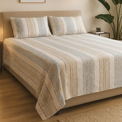PETIT ALO Juego de Sábanas 100% Algodón – Estampado de Rayas Étnico– 3 o 4 Piezas: Bajera Ajustable, Encimera y Funda de Almohada – Cama 90, 135, 150 cm – Suaves, Frescas y Transpirables (135CM)