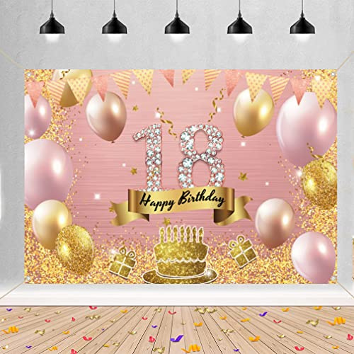 18. Geburtstag Mädchen Deko Banner, Stoff Schild Plakat, 18th Birthday Hintergrund Banner Geburtstagsfeier Deko Kuchen Tabelle Bannerzubehör, Rosa