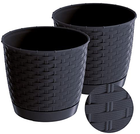 Tymar Blumentopf mit Untersetzer, 2er Set, Übertopf aus Kunststoff, Runde Rattan-Optik RR01 (Anthrazit, ø 25 cm)
