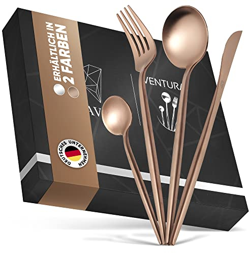 Glavory Ventura - Besteck Rosegold Matt - portugiesischer Stil - Besteck Set 4 Personen 16 teilig - rostfreier 18/8 Edelstahl - rosé goldenes Besteck spülmaschinenfest