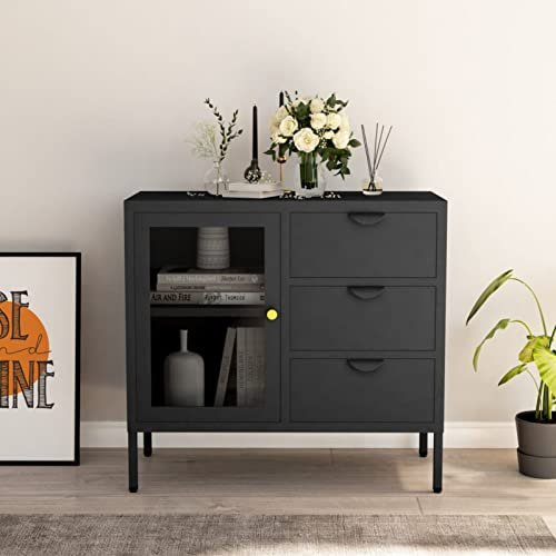 JUNZAI Sideboard, Kommode Schlafzimmer, Kommoden & Sideboards, Wohnzimmerschrank, Flur Kommode, Zimmer Möbel, Anthrazit 75x35x70 cm Stahl und Hartglas
