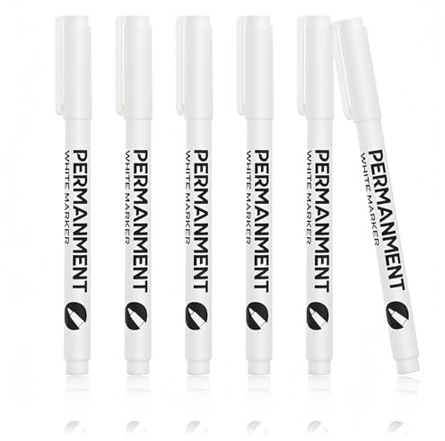 Sumajuc 6pcs White Fabric Pen - 1mm Quick Dry, Waterproof Laundry Marker for Paper, Wood, Fabric, Rock, Glass, Plastic