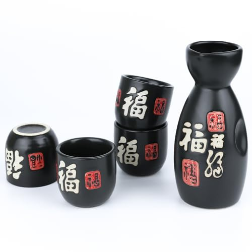 PUNNIO Sake-Set aus Keramik, 5-teiliges japanisches Saki-Set mit 1 Sake-Karaffe, 4 Sake-Tassen, Saki-Becher-Set als Geschenk für Sake, japanischer Wein/Hanzo-Sake/Soju/Sake-Getränk/Saki-Getränk/Tee