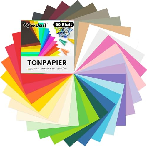 VGOODALL 60 Blatt Tonpapier, Farbigen Kopierpapier 30 Farben Bastelkarton TonPapier 30,5 x 30,5cm für DIY Kunst Handwerk Drucken Skizzieren
