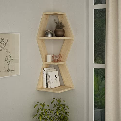 HOCUS PICUS | Sablor Eck Wandregal mit 3 Ebenen | Modernes Dekoratives Wandregal, Schweberegal, Bücherregal für Küche, Wohnzimmer, Arbeitszimmer, Schlafzimmer | 30 x 30 x 86 cm | Eiche
