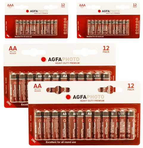 AgfaPhoto AA + AAA Batteries 48 Pack - Heavy Duty Premium Zinc Carbon 24 X AA 24 x AAA batteries 1.5v For Low drain devices | toys | fairy lights | household | remotes | Flashlights | Clocks |