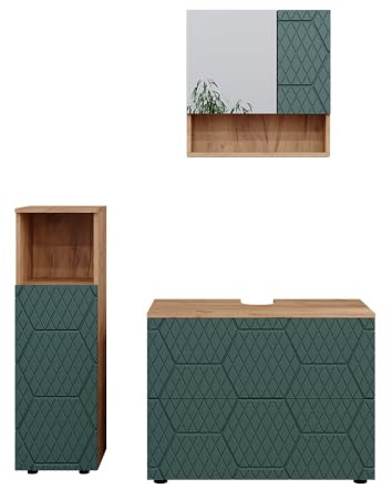 Vicco Badmöbel-Set Irma, Grün/Goldkraft Eiche, 80 cm | besteht aus Waschbeckenunterschrank, Spiegelschrank und Midischrank