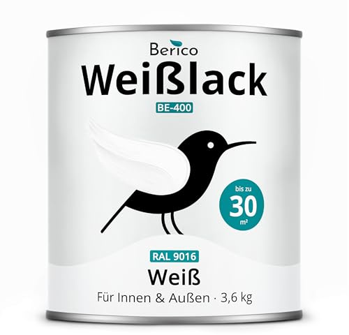 Berico Weisslack - 3,6 Kg - Helles Weiß (ähnl. Verkehrsweiß RAL 9016) - Seidenmatt - 3in1 Farbe inkl. Grundierung - Streichen ohne Anschleifen - Holz, Metall, Kunststoff