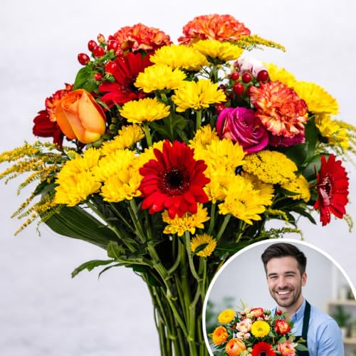 eFiori - Consegna a MANO da un FIORISTA Fiori Freschi a domicilio, Mazzo di Fiori VERI tonalità calde + Verde decorativo. DEDICA INCLUSA -> Opzione regalo