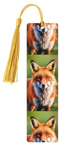 Holz-Lesezeichen mit Fuchs-Aufdruck, bunte Quasten, elegant, Retro-Lesezeichen für Buchliebhaber