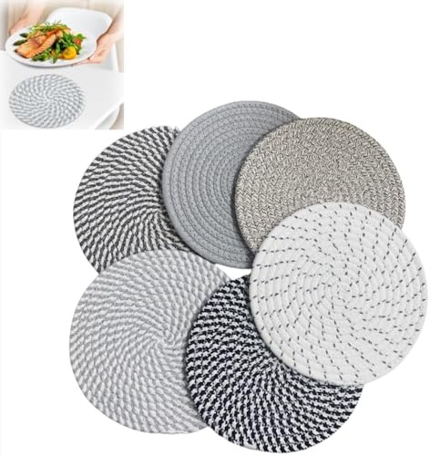 Coaster Set of 6, Woven Round Placemats Non Slip Soft Trivets for Hot Pots and Pans, Heat Resistant Table Mats Trivet for Kitchen Worktops 20cm