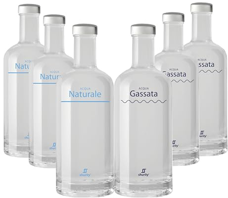 Pack Misto 6pz. – Bottiglia Shurity Basic 75cl. Personalizzata Trasparente Acqua Liscia/Acqua Gassata con Tappo Argento