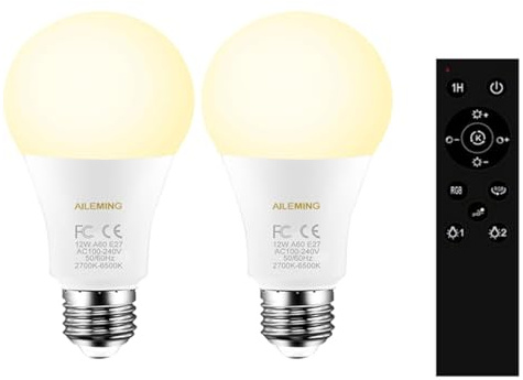 AILEMING Lampadina LED Smart E27, 12 W, 1000 lm, 2700-6500 K, dimmerabile, equivalente a 100 W, con telecomando da 2,4 GHz, 2 lampadine e 1 telecomando