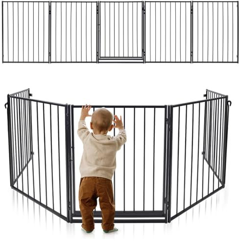 LZQ Barrière de protection de cheminée, avec porte, 5 pièces, longueur totale : 305 cm, pliable, pour enfants, animaux domestiques, noire