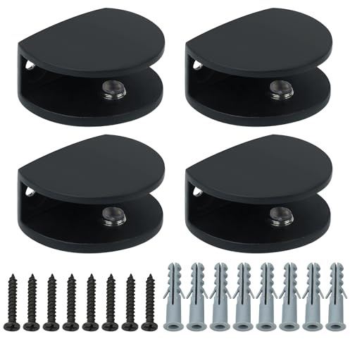 Alise Glasregalhalterung, 4 Stück, Klemmhalterungen, Wandklemmen für 6–10 mm dickes Glas, SUS304 Edelstahl, Clip-Halter für Duschraum, Wand-zu-Glas, Weinschrank, Glasvitrine, Schwarz