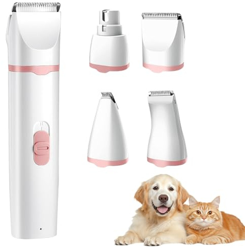 Dog Clippers, 4 in 1 Dog Grooming Kit, Cordless Pet Trimmer for Dogs & Cats, Rechargeable Low Noise USB Pet Shaver Grooming Set for Paws, Eyes, Ears, Face Matted Hair