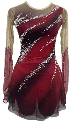 JRUIA Eiskunstlauf Wettkampf Kleid Für Mädchen Schwarz Rote Halo Färbung Eisballett Tanzkostüm Für Damen Handgefertigter Turnanzug Für Rollturnen Lange Ärmel