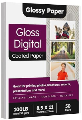 8.5 x 11 Double Sided C2S Glossy Paper for Full Color Laser Printing, Great for Photos Brochures Flyers Posters Business Everyday Printing, 100lb Text (40lb Bond), Acid Free Gloss Coated, 50 Sheets